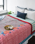 Linge Particulier Navy Check Standard Linen Pillowcase Sham with a Lisa Corti quilt for a colorful linen bedding look in blue check - Collyer's Mansion
