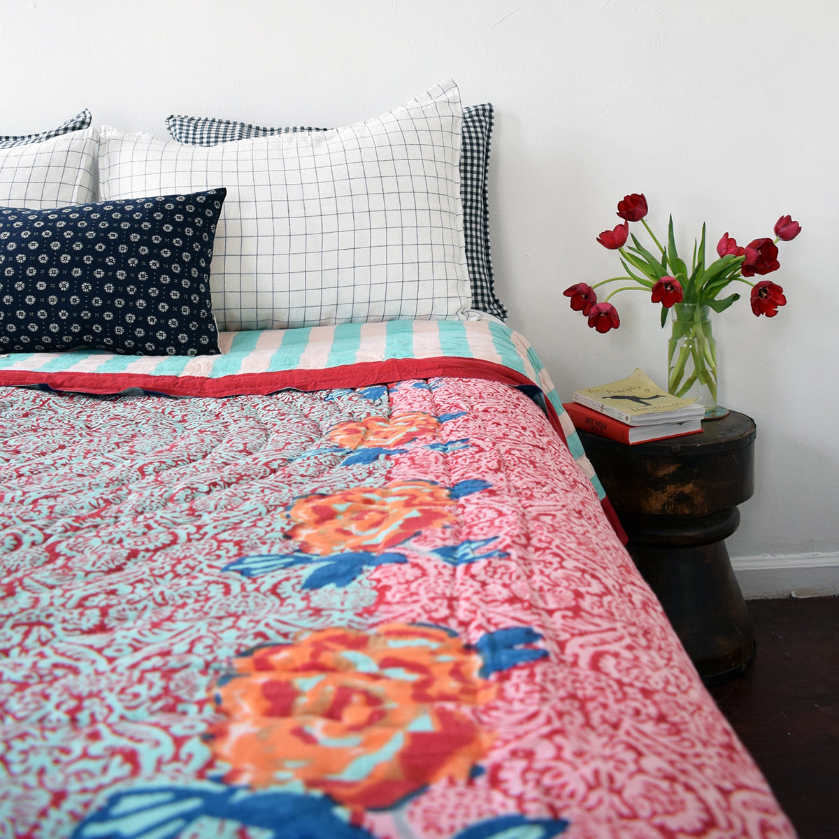 Linge Particulier Anthracite Gingham Standard Linen Pillowcase Sham with a Lisa Corti quilt and navy check shams for a colorful linen bedding look in dark check gingham - Collyer&#39;s Mansion