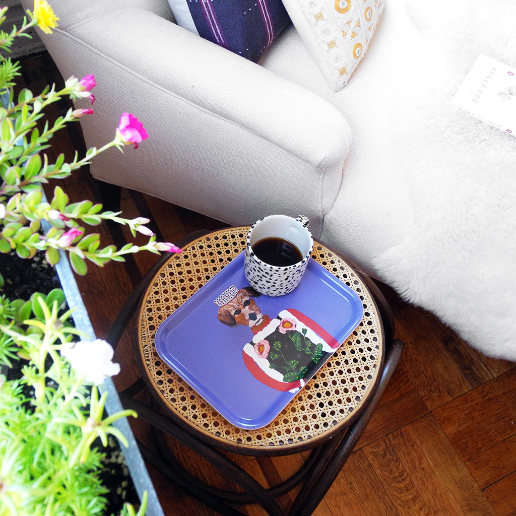 Rectangle designer tray in Scandinavian tray style with a purple background and dog portrait on side table with coffee mug - Collyer&#39;s Mansion
