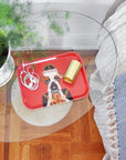 Rectangle designer tray in Scandinavian tray style with a red background and dog portrait on bed side table with plant - Collyer's Mansion