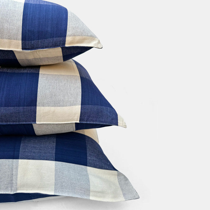 Navy and Off White Check Pillow, square