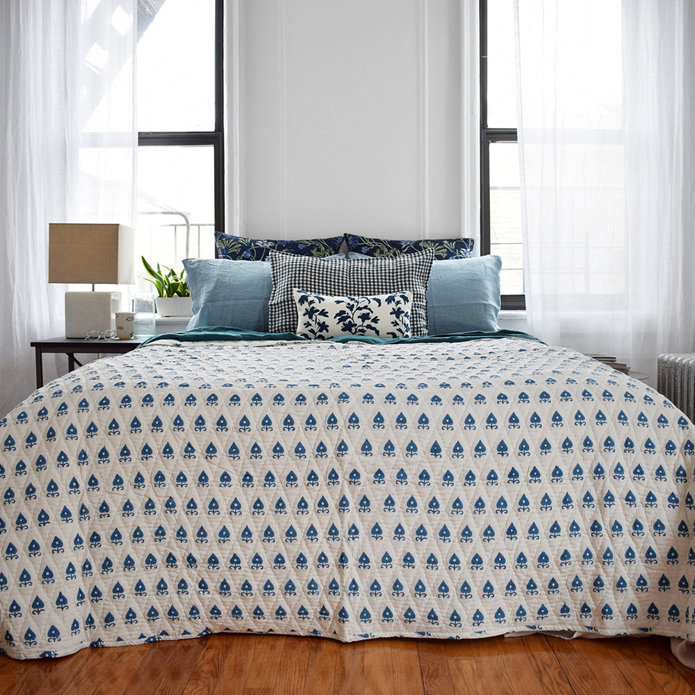 Linge Particulier Scandinavian Blue Standard Linen Pillowcase Sham with blue block printed quilt for a colorful linen bedding look in grey blue - Collyer&#39;s Mansion