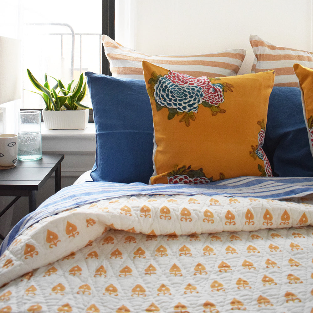 Linge Particulier Atlantic Blue Standard Linen Pillowcase Sham with honey quilt and Lisa Corti pillows for a colorful linen bedding look in electric blue - Collyer&#39;s Mansion