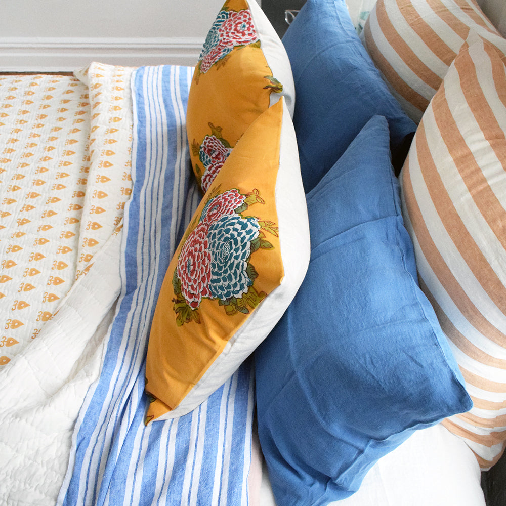 Linge Particulier Atlantic Blue Standard Linen Pillowcase Sham with mustard quilt and blue stripe linen sheet for a colorful linen bedding look in electric blue - Collyer's Mansion