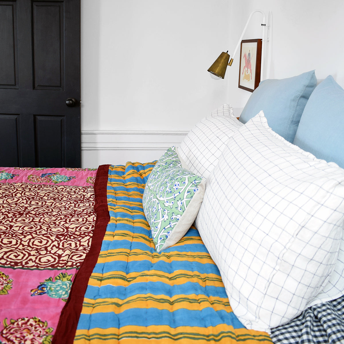 Linge Particulier Navy Check Standard Linen Pillowcase Sham with a Lisa Corti quilt and blue euro shams for a colorful linen bedding look in blue check - Collyer&#39;s Mansion