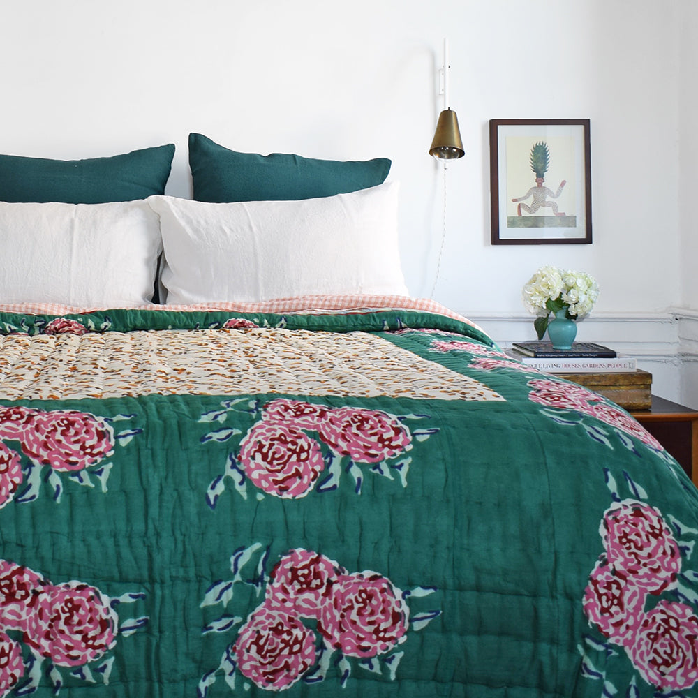 Linge Particulier Vintage Green Euro Linen Pillowcase Sham with a Lisa Corti quilt and gingham linen sheet for a colorful linen bedding look in deep teal green - Collyer&#39;s Mansion