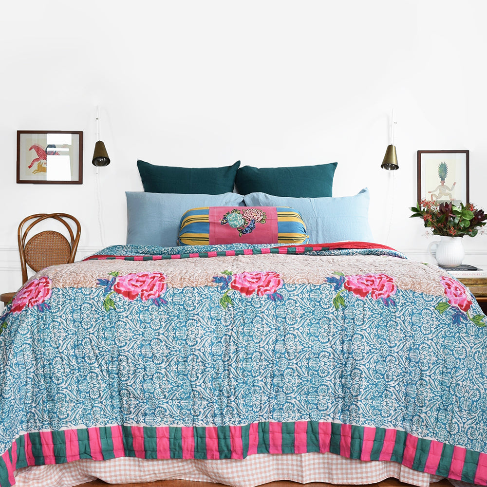 Linge Particulier Scandinavian Blue Standard Linen Pillowcase Sham with Lisa Corti quilt and green euro shams for a colorful linen bedding look in grey blue - Collyer&#39;s Mansion