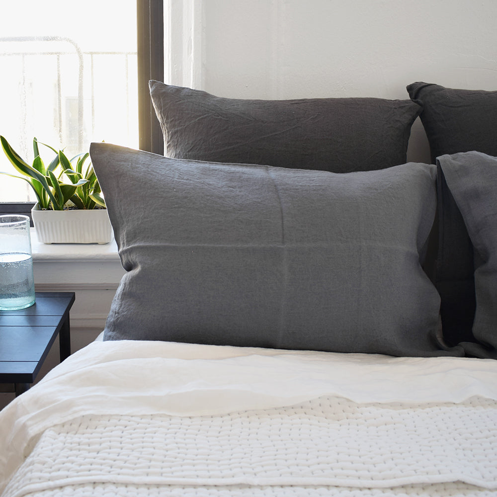 Linge Particulier Storm Grey Euro Linen Pillowcase Sham with stitched Indian quilt for a colorful linen bedding look in charcoal grey - Collyer's Mansion