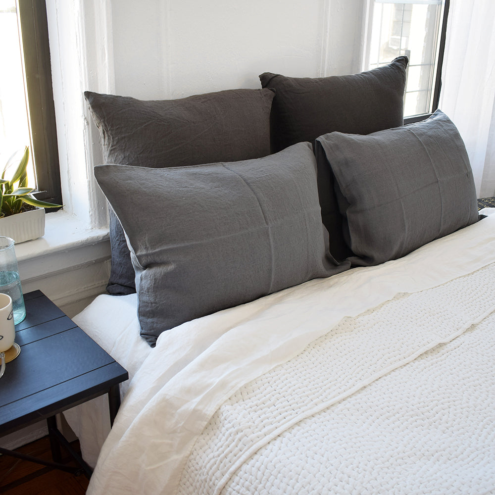 Linge Particulier Real Grey Standard Linen Pillowcase Sham with stitched Indian quilt for a colorful grey linen bedding look in elephant grey - Collyer's Mansion