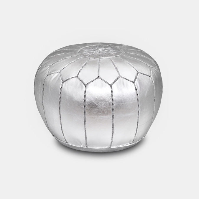 Moroccan Leather Pouf, silver