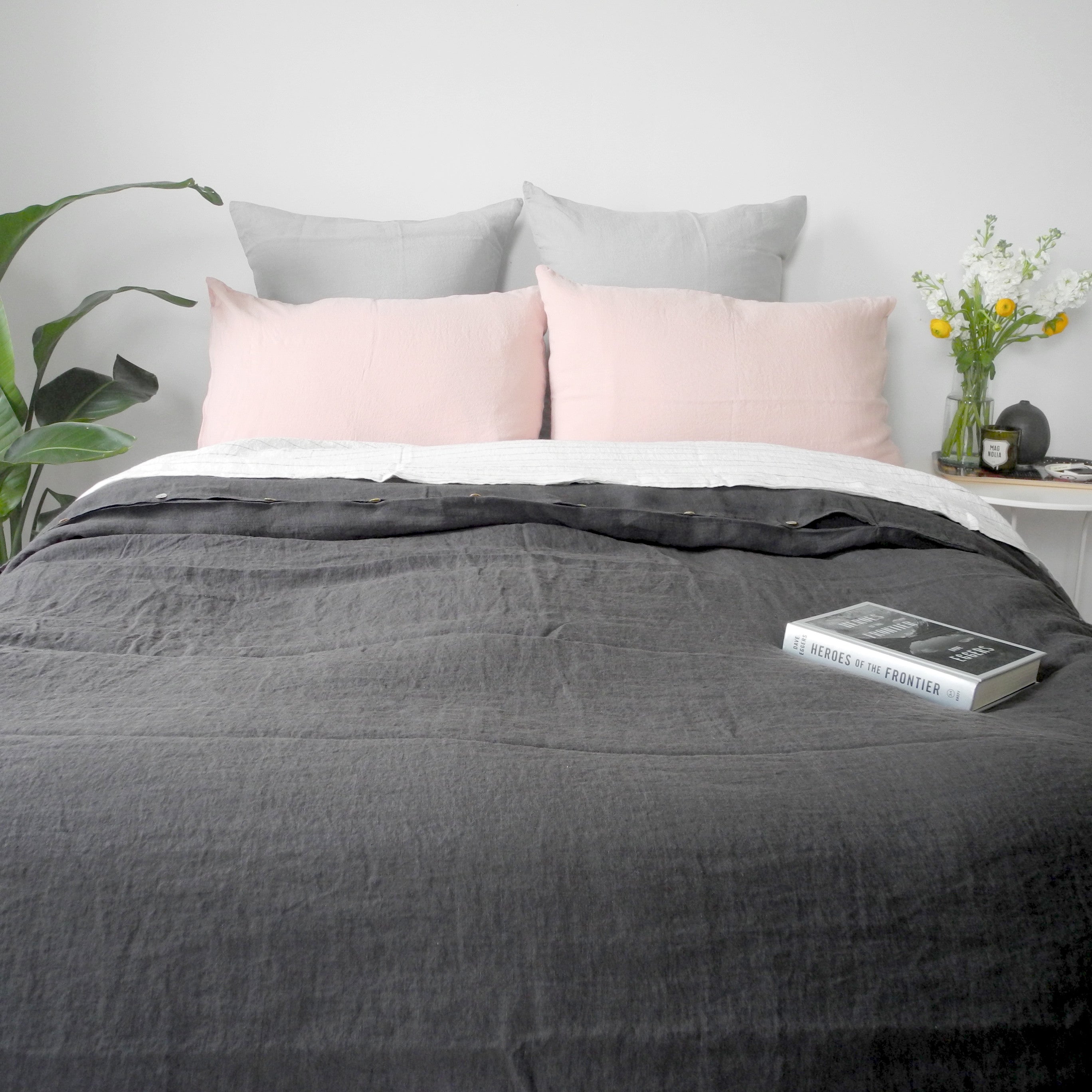 A Linge Particulier Linen Duvet in Storm Grey gives a charcoal and slate color to this duvet for a gray colorful linen bedding look from Collyer's Mansion