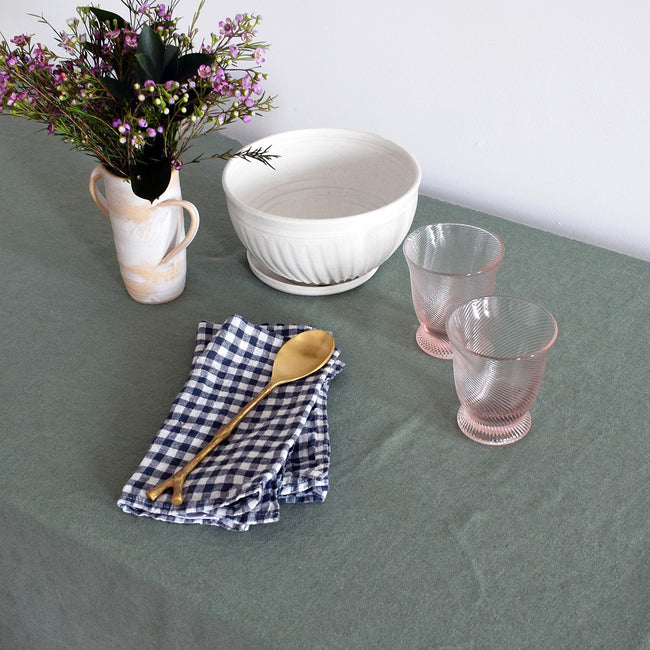 Blue Pheasant PIerre Pink Tumbler Glass on green french linen tablecloth for elegant tablescapes - Collyer's Mansion