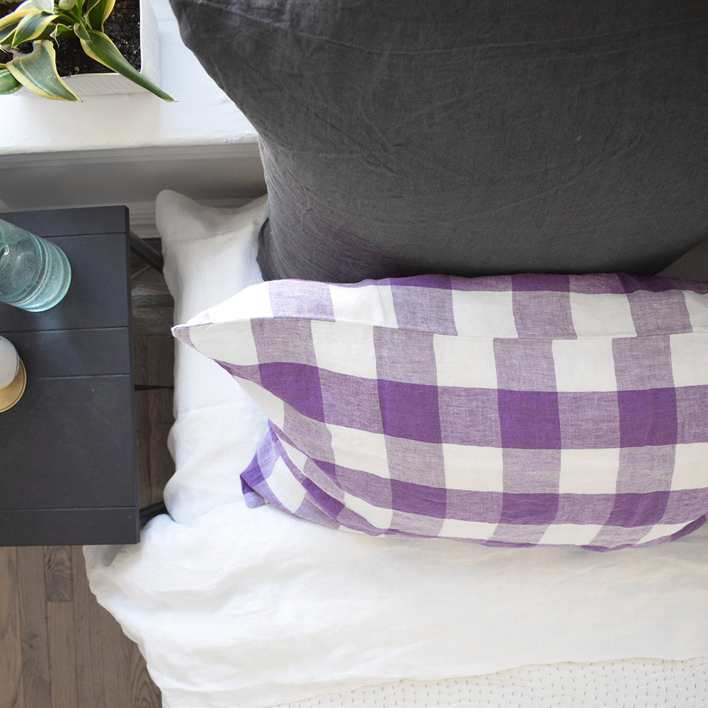 Linge Particulier Storm Grey Euro Linen Pillowcase Sham with stitched Indian quilt and violet gingham pillowcases for a colorful linen bedding look in charcoal grey - Collyer&#39;s Mansion