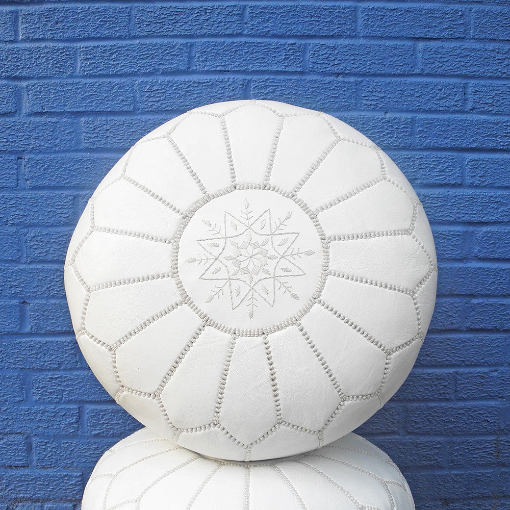 Moroccan Leather Pouf, white