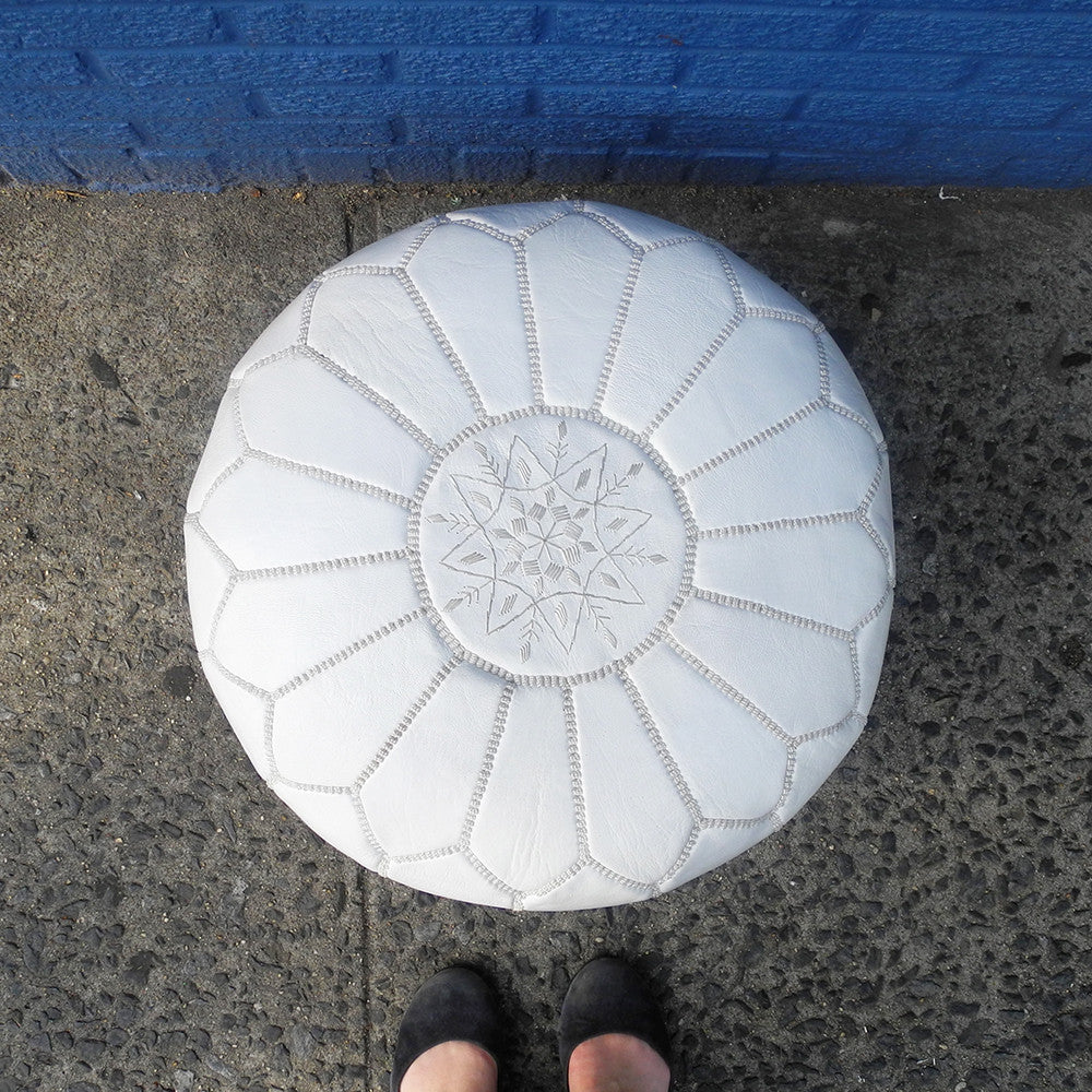 Moroccan Leather Pouf, white