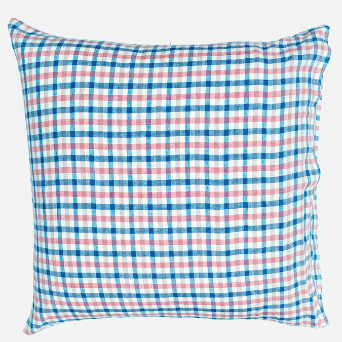 Linen Euro Pillowcase, blue coral gingham