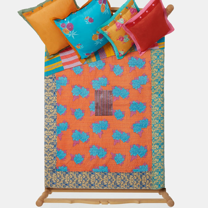Lisa Corti Orange Blue Abhanery Peony Gudri Bedcover Kantha stitched traditional quilt at Collyer&#39;s Mansion